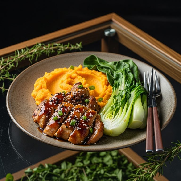 Delightful Japanese Paleo Dinner: Succulent Teriyaki Chicken with Creamy Mashed Sweet Potatoes & Sautéed Bok Choy